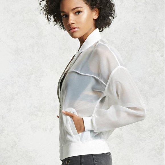 Forever 21 Jackets & Blazers - Forever 21 Ambiance Organza Clear & White Sheer Bomber Jacket Zip Front Medium